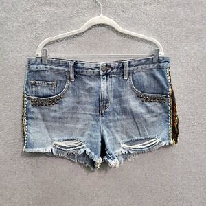 BDG Women Shorts‎ 32 Blue Denim Cut Off Studded Mid Rise Freja Vintage Fit